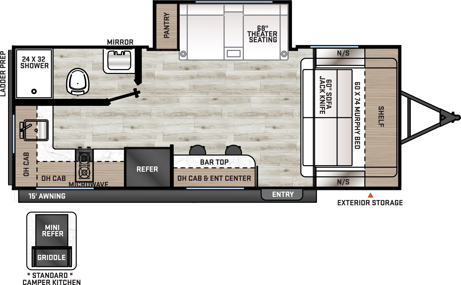 The Aurora Light 18RBS - DSO floorplan has one entry and one slide out. Exterior features include: metal exterior, 15' awning and outside kitchen. Interiors features include: murphy bed.